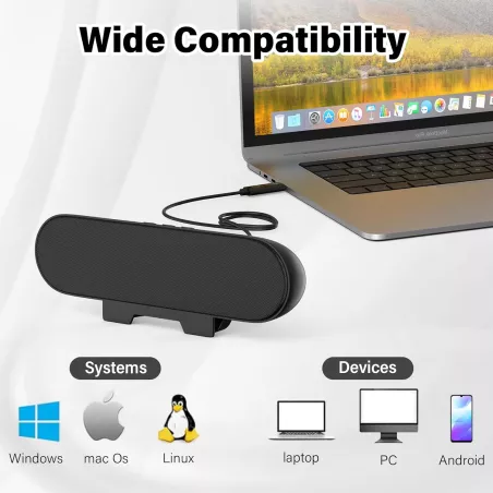 Haut-parleur PC Noir avec Son Puissant, Contrôle Volume, Fixation Écran, Adaptateur USB-C Inclus