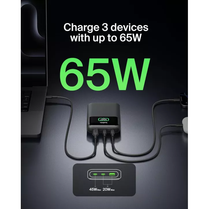 Belkin Power Bank 20000mAh 65W, Chargeur Portable 3 Ports USB-C & USB-A pour Laptop, iPhone, MacBook, iPad, Samsung - Noir