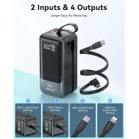 65W Portable Charger Power Bank with Built-in Cable, 4 USB-C Outputs