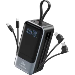 Chargeur Portable 65W Power Bank Rapide USB-C avec Câble Intégré, 4 Sorties, Compatible iPhone, iPad, MacBook, Samsung, Dell