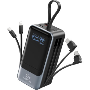 65W Portable Charger Power Bank with Built-in Cable, 4 USB-C Outputs