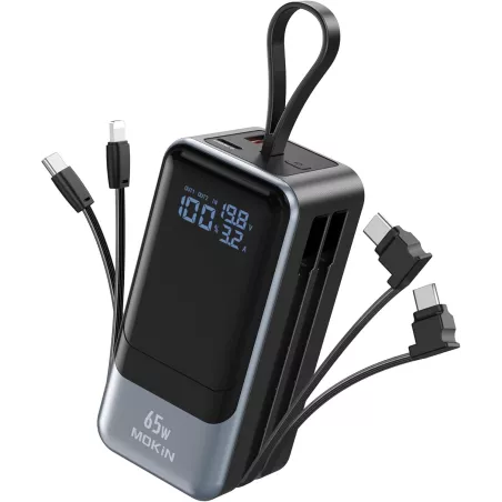 Chargeur Portable 65W Power Bank Rapide USB-C avec Câble Intégré, 4 Sorties, Compatible iPhone, iPad, MacBook, Samsung, Dell