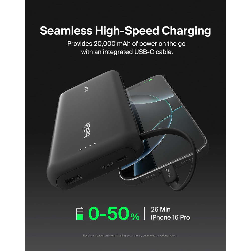 Belkin 20000mAh Portable Charger with Cable, 30W Fast USB-C PD