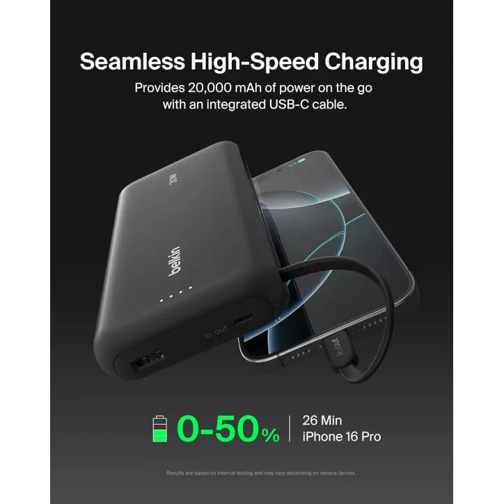 Belkin Power Bank 20000mAh 30W avec câble intégré, charge rapide USB-C, compatible iPhone 17 & Galaxy S25 noir