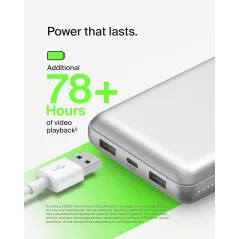 Belkin Power Bank 20000 mAh USB-C 15W, 1 USB-C + 2 USB-A, câble Type-C vers Type-A, Argent