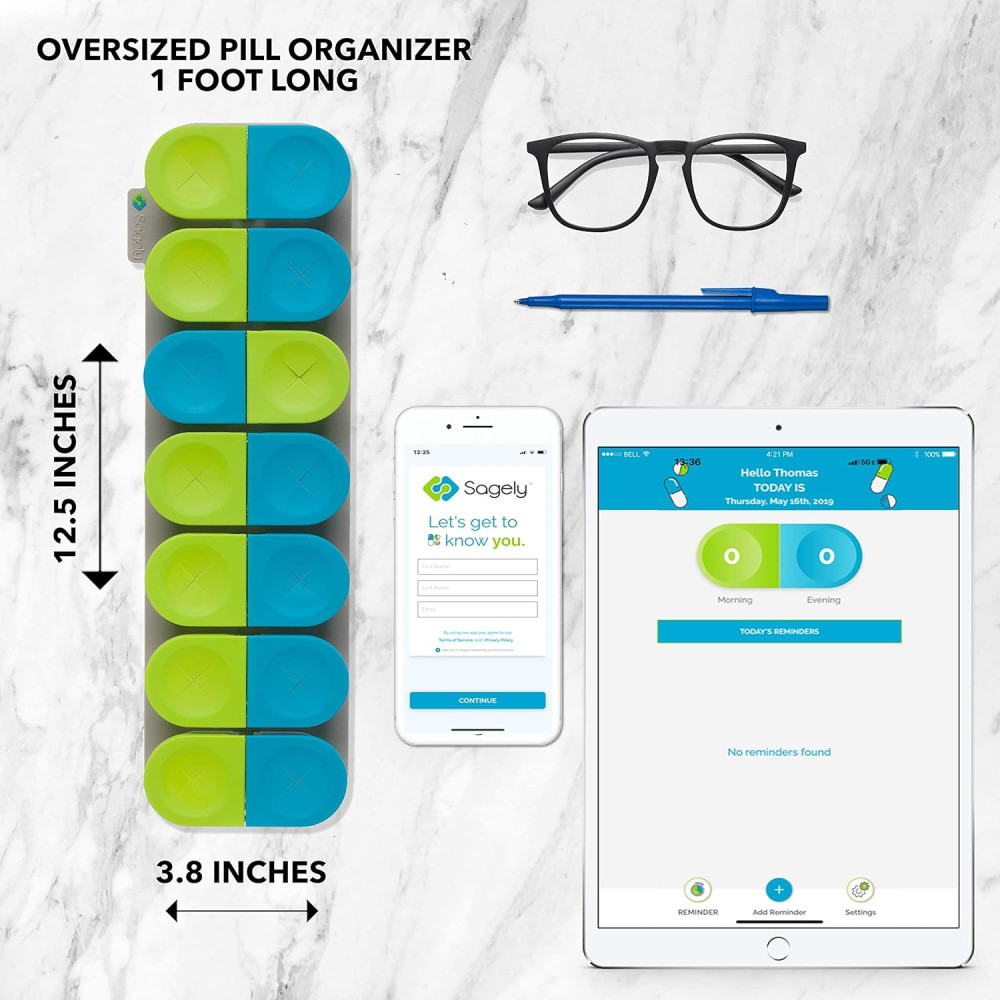 Sagely Smart XL Weekly Pill Organizer with App & 7 Day Travel Boxes
