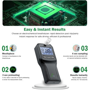 Police-Grade Breathalyzer with Fuel Cell Sensor & 10 Mouthpieces - Black