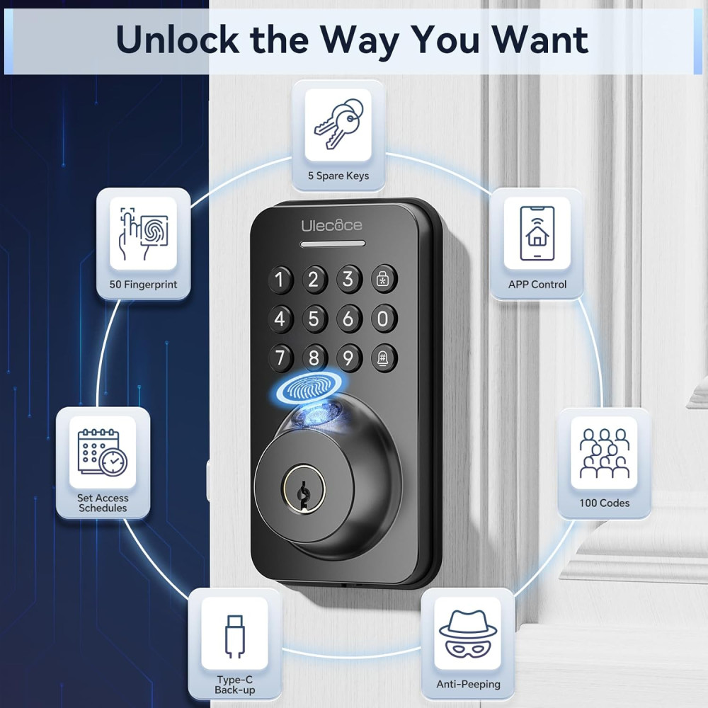 Fingerprint Keypad Deadbolt Lock with Handle Set, Keyless & App Control