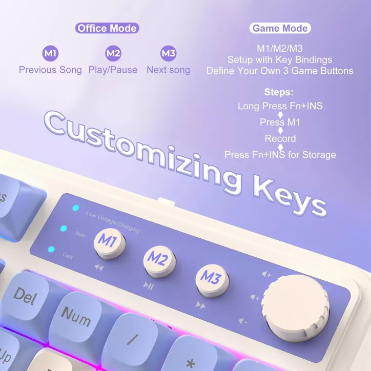 Clavier AULA 99 touches Tri-Mode Bluetooth/2.4GHz/USB-C RGB rétroéclairage media knob pour gaming - Violet