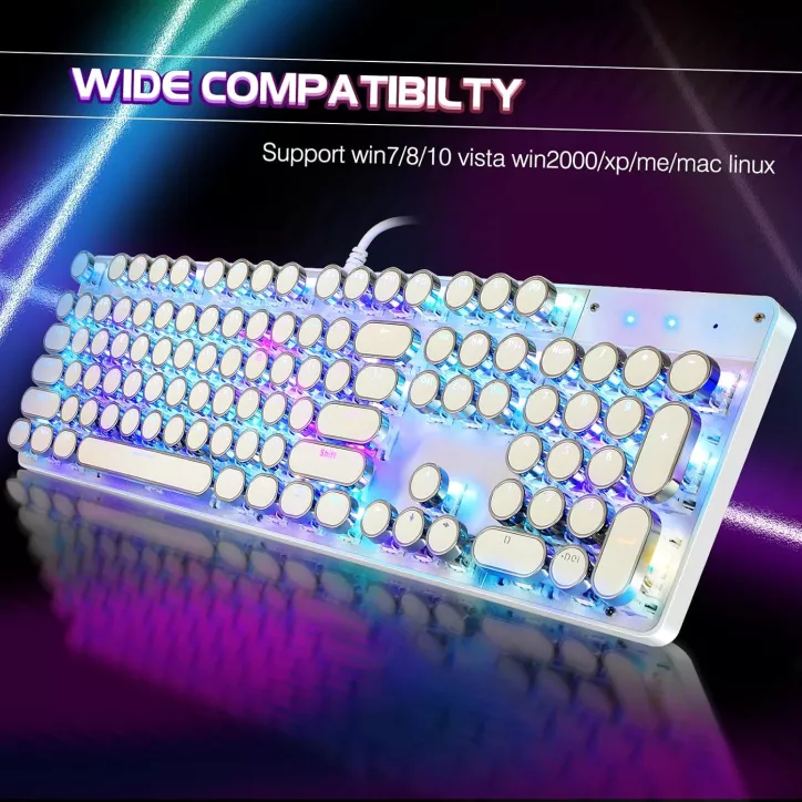 Clavier Mécanique Gaming Rétro Style Machine à Écrire RGB 104 Touches Blue Switch Blanc