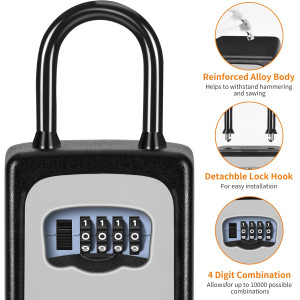 Portable Wall-Mounted Key Lock Box, Weatherproof, 5-Key Capacity, Gray