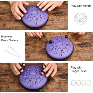 LEKATO 6 Steel Tongue Drum 11 Notes D Major - Meditation & Yoga Gift