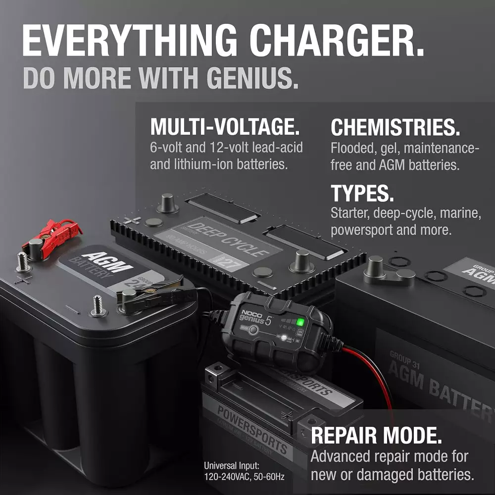 NOCO GENIUS5 Smart Battery Charger – 5A, 6V/12V, Automatic Maintainer