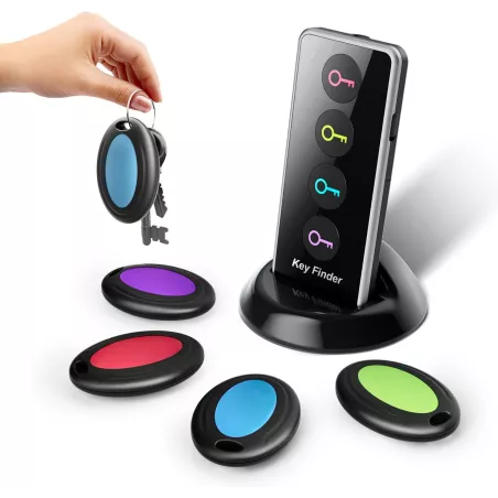 Localisateur de clés sans fil avec LED - 4 récepteurs et télécommande, idéal seniors, pour clés, téléphone, portefeuille, téléco