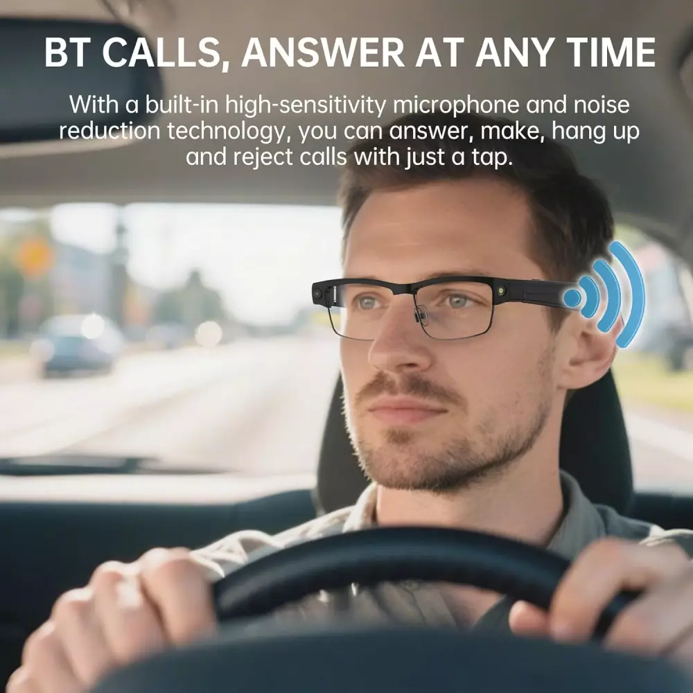 Smart Bluetooth Glasses with HD Camera, AI Voice, ANC Mic & UV Protection