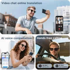 Lunettes de Soleil Intelligentes AI, Traduction 110+ Langues, Bluetooth, UV400, Commande Vocale, Noir