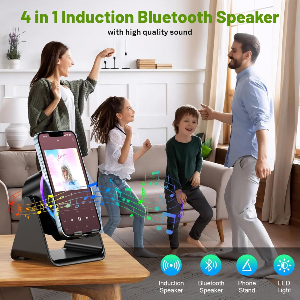 Wireless Induction Bluetooth Speaker & Phone Stand with RGB Light - Black