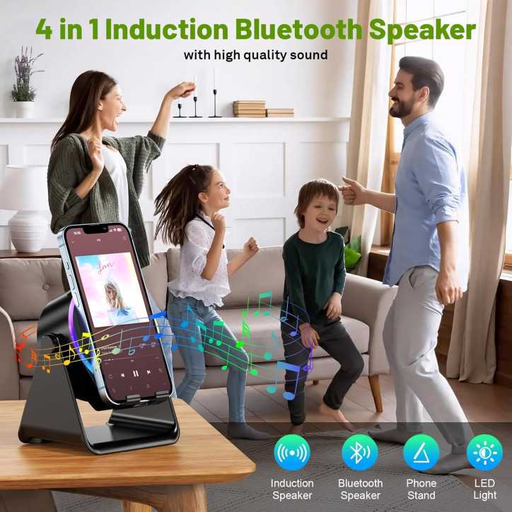 Wireless Induction Bluetooth Speaker & 360° Adjustable Phone Stand with RGB Light for iPhone/Android - Black Wireless Induction Bluetooth Speaker & 360° Adjustable Phone Stand with RGB Light for iPhone/Android - Black