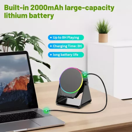 Enceinte Bluetooth Sans Fil avec Support Téléphone Ajustable 360°, Lumière RGB, Son Stéréo - Noir