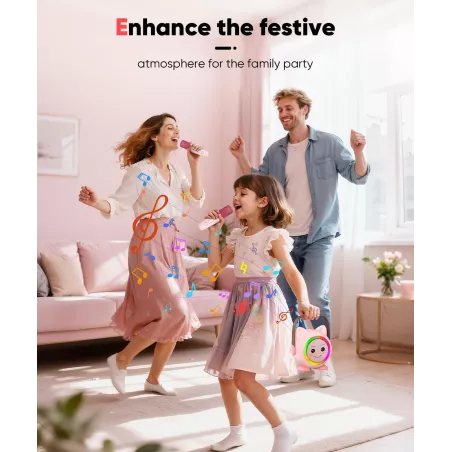 Mini Machine Karaoké Portable avec 2 Micros Sans Fil pour Enfants 4-12+ Ans - Cadeau Noël Anniversaire (Rose)