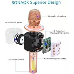 Micro Karaoké Bluetooth BONAOK 3-en-1 Rose Gold Portable