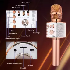 Micro Karaoké Bluetooth BONAOK 3-en-1 Rose Gold Portable