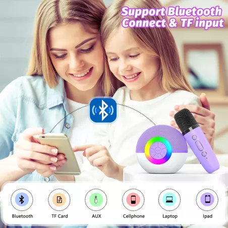 goopow Mini Enceinte Karaoké Bluetooth Portable avec Microphone LED, Cadeau Idéal Enfants 3+ Ans (Violet)