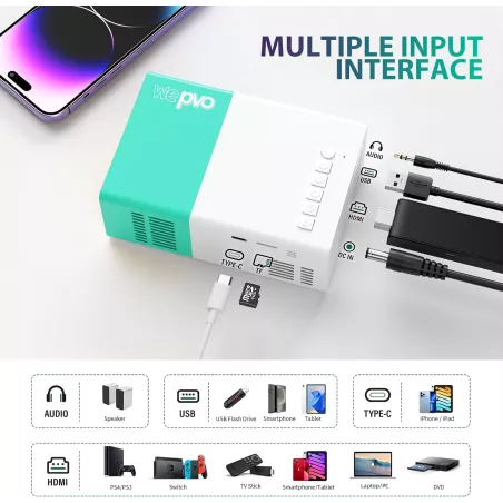 Mini Projecteur Portable LED pour Film en Plein Air, Compatible Smartphone, Tablette, PC, PS, USB