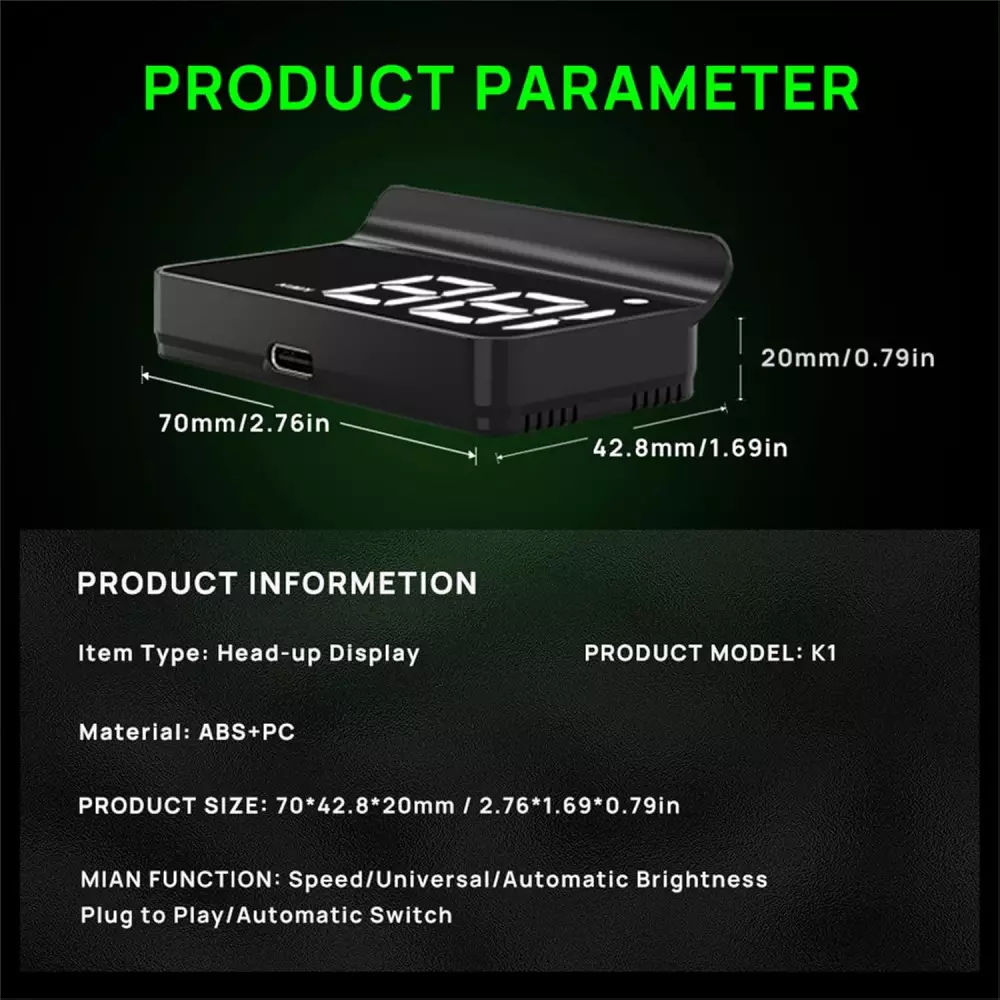 Car HUD K1-White: Digital GPS Speedometer with Auto Brightness & USB Plug-in