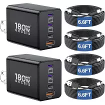 2 Pack 180W USB-C 4-Port GaN Fast Charger for MacBook, iPhone & Samsung