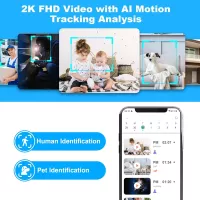 Caméra de Sécurité Intérieure 2K WiFi avec IA, Audio 2 Voies, Détection Mouvement, Stockage Cloud/TF