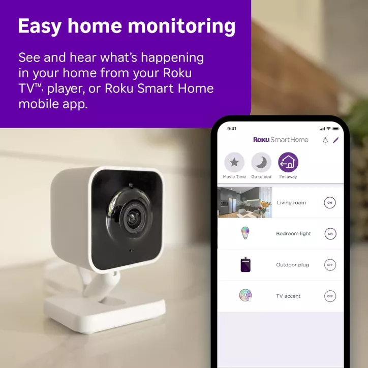 Caméra Intérieure Roku 2-Pack - Sécurité Maison Filaires, Vision Nuit 1080p, Détection Mouvement, WiFi 6, Alexa & Google