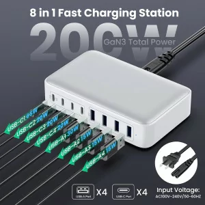 200W USB C Charger Block GaN III 6-Port Fast Charging Station Hub