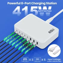 415W USB C Charger 8-Port GaN Fast Charging Station for Laptop & Phone