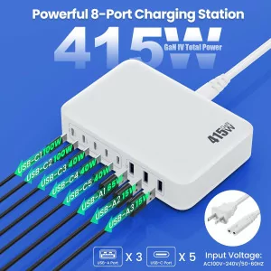 415W USB C Charger 8-Port GaN Fast Charging Station for Laptop & Phone