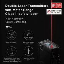 HOTO 98Ft Laser Measure, USB-C Rechargeable, OLED Display, Accurate ±2mm
