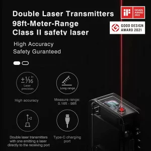 HOTO 98Ft Laser Measure, USB-C Rechargeable, OLED Display, Accurate ±2mm