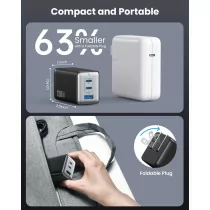 128W GaN III USB-C 3-Port Fast Charger - Portable PD QC Adapter for Laptop & Phone