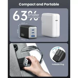 128W GaN III USB-C 3-Port Fast Charger - Portable PD QC Adapter for Laptop & Phone