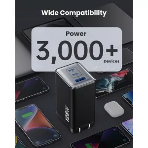 128W GaN III USB-C 3-Port Fast Charger - Portable PD QC Adapter for Laptop & Phone