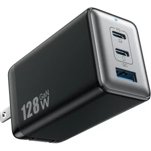 128W GaN III USB-C 3-Port Fast Charger - Portable PD QC Adapter for Laptop & Phone