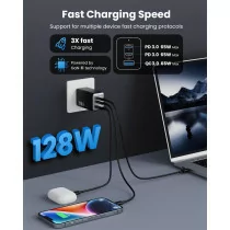 128W GaN III USB-C 3-Port Fast Charger - Portable PD QC Adapter for Laptop & Phone