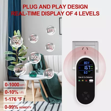 Détecteur gaz naturel et monoxyde de carbone 4-en-1 Koabbit avec alarme, température et humidité, lot de 2