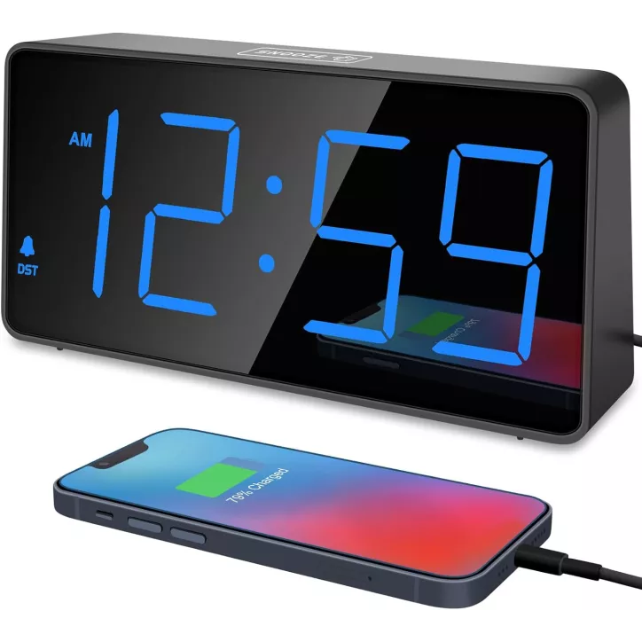 Réveil numérique Peakeep avec grand écran LED, alarme forte, chargeur USB, pile de secours - Bleu