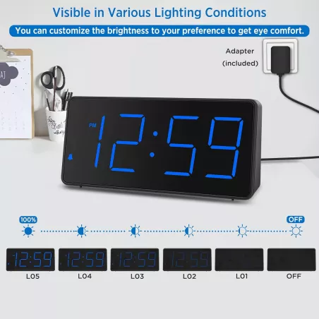 Réveil numérique Peakeep avec grand écran LED, alarme forte, chargeur USB, pile de secours - Bleu