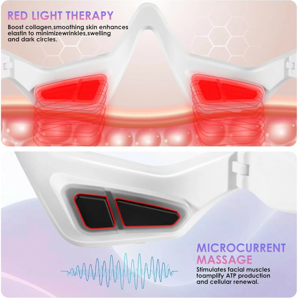 Under Eye Red Light Therapy Glasses - Microcurrent Eye Massager for Dark Circles