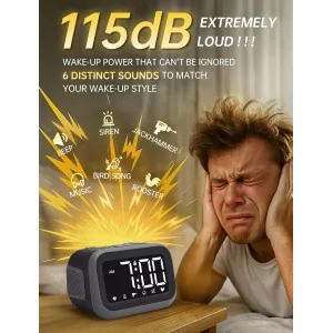 Super Loud Alarm Clock 115dB with Dual Alarms & 6 Sounds for Heavy Sleepers