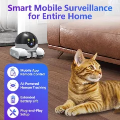 Caméra Robot Mobile Patrol Wi-Fi, Vision Nocturne, Audio Bidirectionnel, Surveillance Animaux/Personnes, 64GB