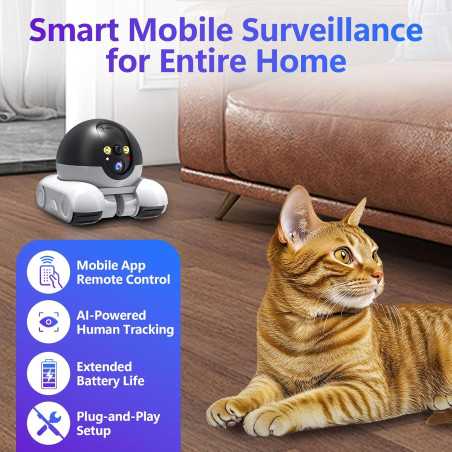 Wi-Fi Mobile Patrol Robot Camera with Night Vision, Two-Way Audio, Remote Control & 64GB Storage for Pet & Elderly Monit