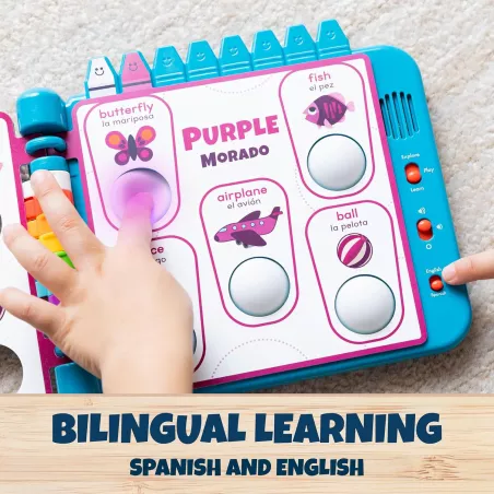 Chuckle & Roar Pop It! Livre interactif bilingue Anglais-Espagnol – Apprentissage couleurs pour tout-petits 1-4+